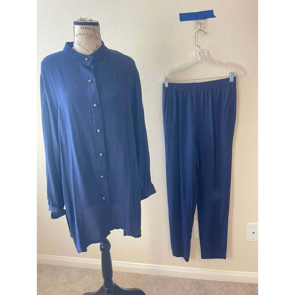 Natorious Navy Blue Crinkle Texture Tunic and Pants Set Women Size L M USA Made